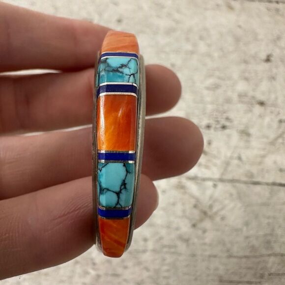 Vintage Kachina Native American Raise Coral Turquoise Sterling CJ Cuff Bracelet - Picture 3 of 10